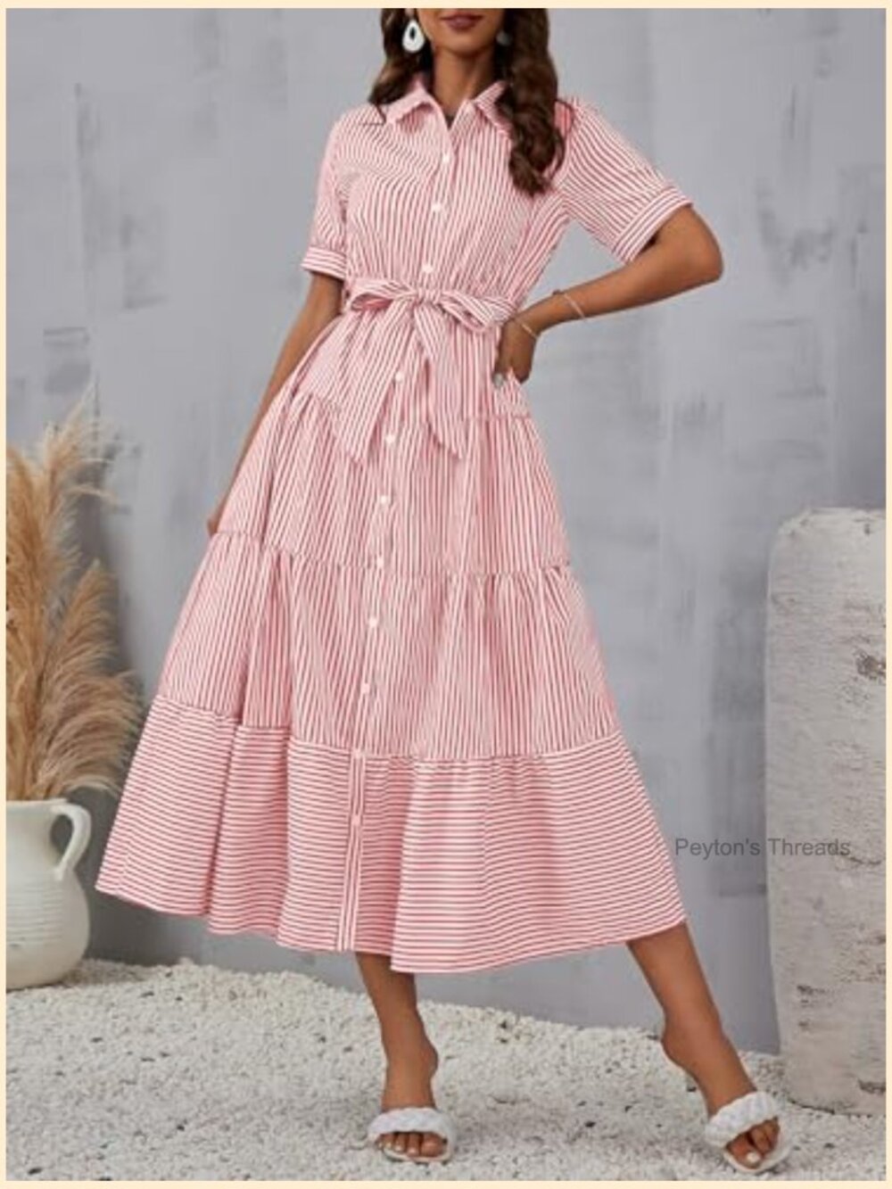 Women's Boho Striped Shirt Dress Button Down Belted Flowy A-Line Maxi Long Dress - Picture 4 of 5